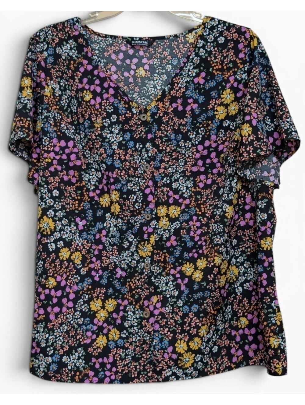 BloomChic Floral Blouse Womens 18/20 Black Multicolor V Neck Flutter Sleeve Top